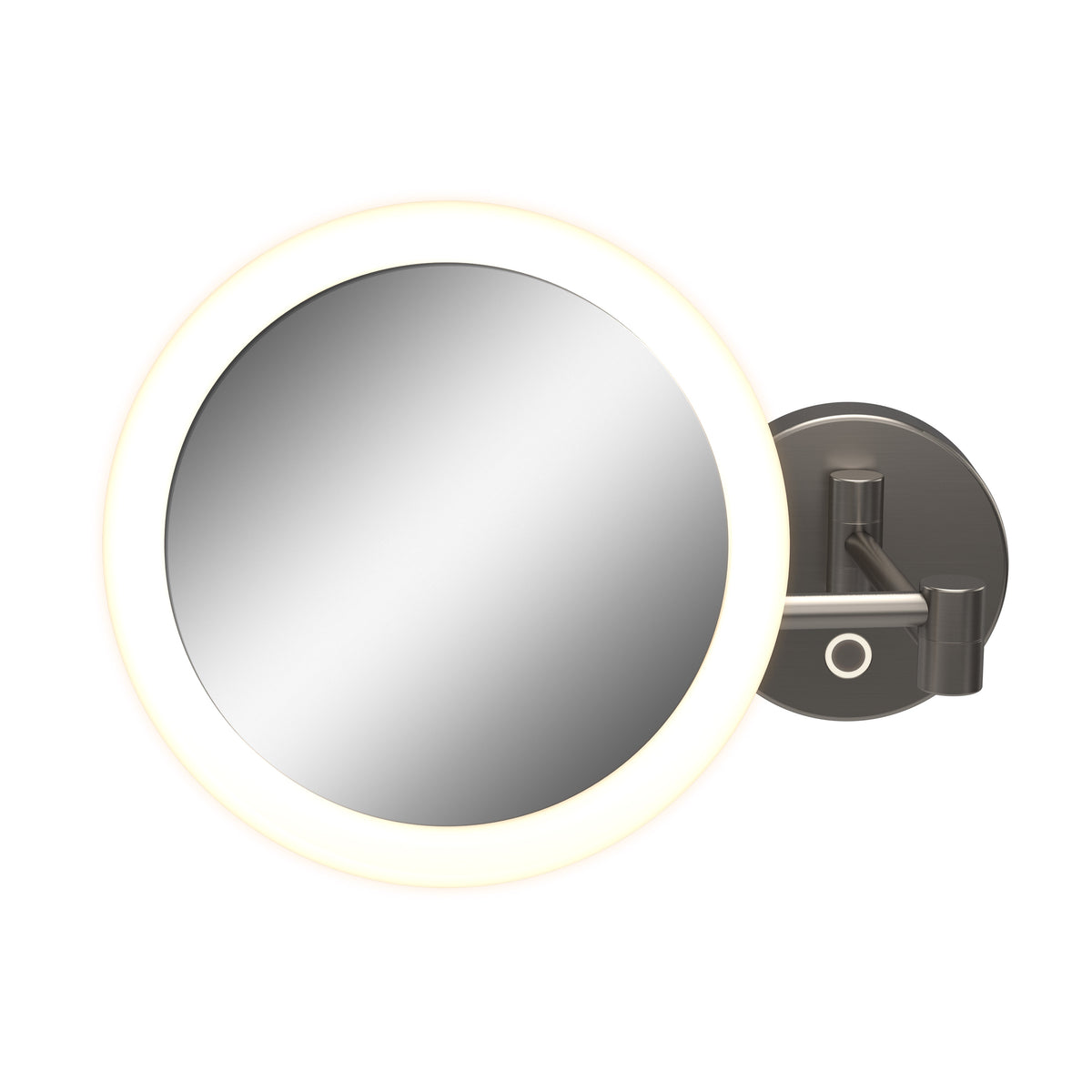 A round, wall-mounted mirror with a dark frame and an illuminated LED light ring around its edge, attached to an adjustable arm and base.