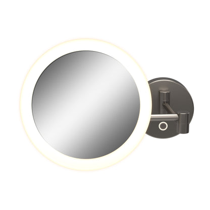 The Artika Radia Cordless LED Cosmetic Mirror features a round, wall-mounted design with a dark metal frame, illuminated LED light ring, adjustable arm, and circular base.