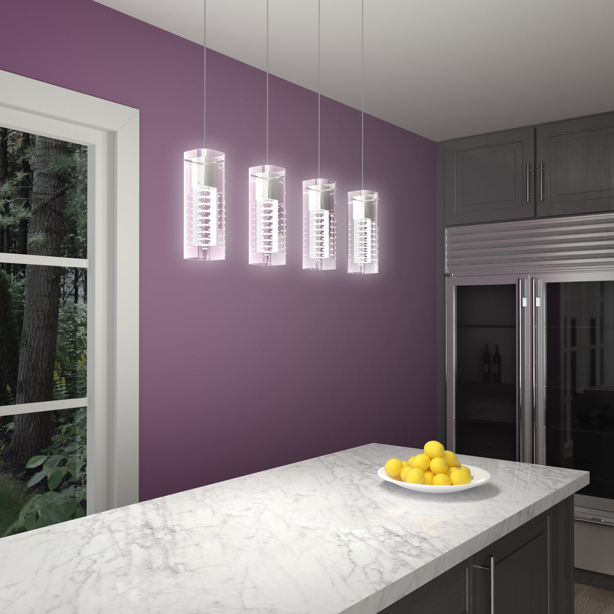 A modern kitchen with a marble island, a plate of lemons, purple walls, hanging pendant lights, grey cabinets, a large fridge, and a window showing trees outside.