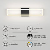 Rectangular modern wall light with a glowing LED frame above icons and text highlighting features: LED integrated, 50,000 hours, dimmable, easy installation, 1100 lumens, and selectable white technology.