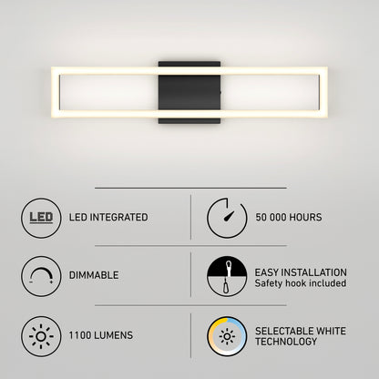 Artika Dover modern LED bathroom vanity light 5 CCT: integrated LED, 50,000-hour lifespan, dimmable, easy installation, 1100 lumens, and selectable white technology.