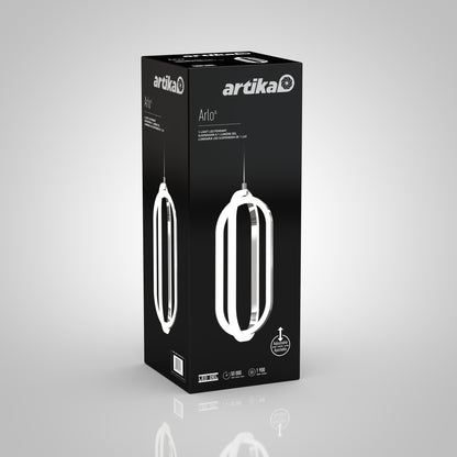 A black box with white accents displays the packaging for the Artika Arlo 1-light LED pendant, showing an image of the modern light and product details in English and French.