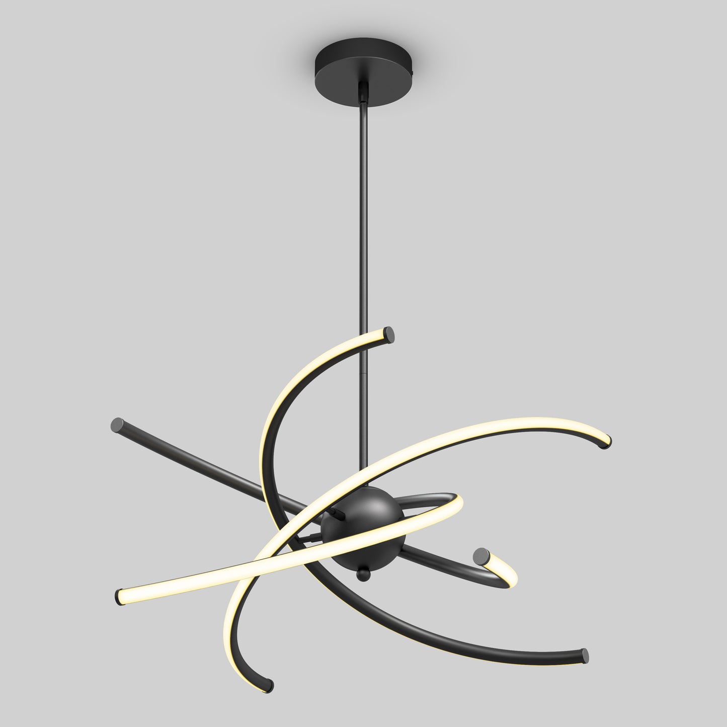 The Silvio LED pendant light 3 CCT by Artika features three curved, glowing LED arms extending from a central sphere, suspended from a rod and showcased against a plain gray background.
