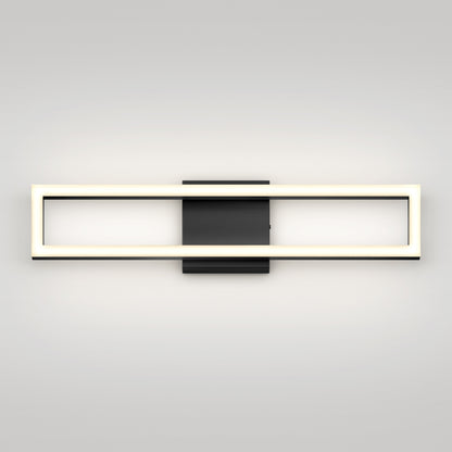 The Artika Dover modern LED bathroom vanity light features a black central mount with a glowing open rectangular frame, offering soft white light in 5 CCT options and a sleek look for any contemporary space.