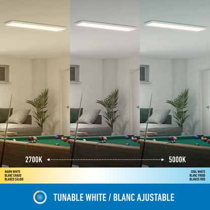 A room with a pool table and couch is lit by the Artika Skyshade smart RGB LED light panel in warm white (2700K), neutral, and cool white (5000K). A graphic below highlights its tunable white feature in English and French.