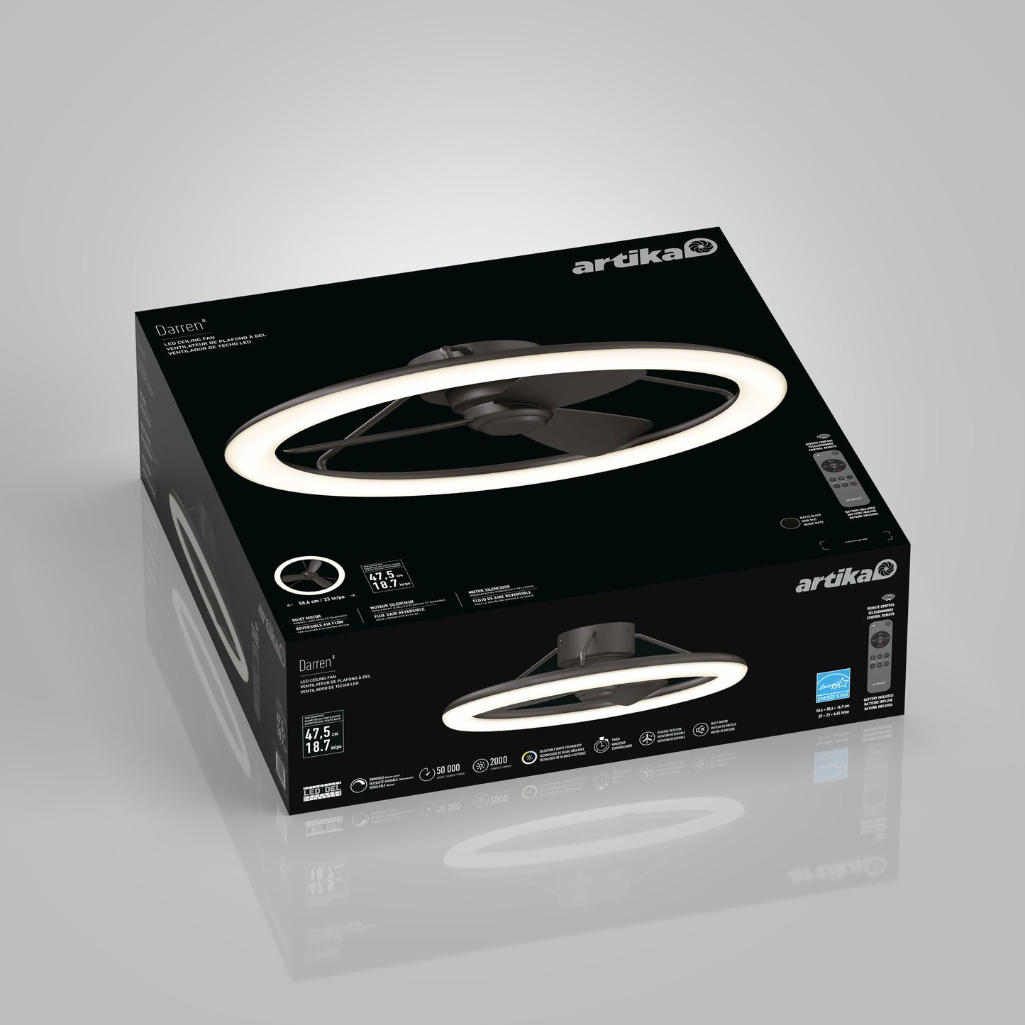 A black Artika Darren 23 in. LED modern ceiling fan box displays an image of the fixture, product details, and branding on the packaging, all set against a light gray background.
