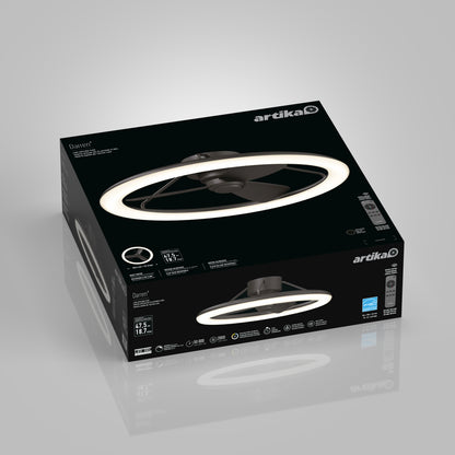 A black Artika Darren 23 in. LED modern ceiling fan box displays an image of the fixture, product details, and branding on the packaging, all set against a light gray background.