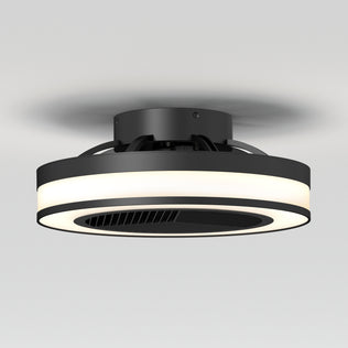 The Artika Elton 19.4 in. LED modern ceiling fan features a sleek black design with a circular integrated light, central vented section, 3 speeds, and comes with a remote control—perfect for minimalist spaces with white ceilings.