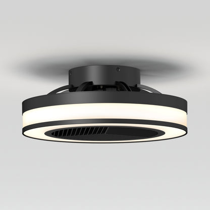 The Artika Elton 19.4 in. LED modern ceiling fan features a sleek black design with a circular integrated light, central vented section, 3 speeds, and comes with a remote control—perfect for minimalist spaces with white ceilings.