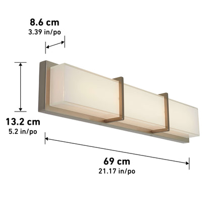 The Artika Subway LED bathroom vanity light is a rectangular wall fixture with three frosted glass shades and metal supports, measuring 69 cm wide, 13.2 cm high, and 8.6 cm deep (21.17 x 5.2 x 3.39 inches).