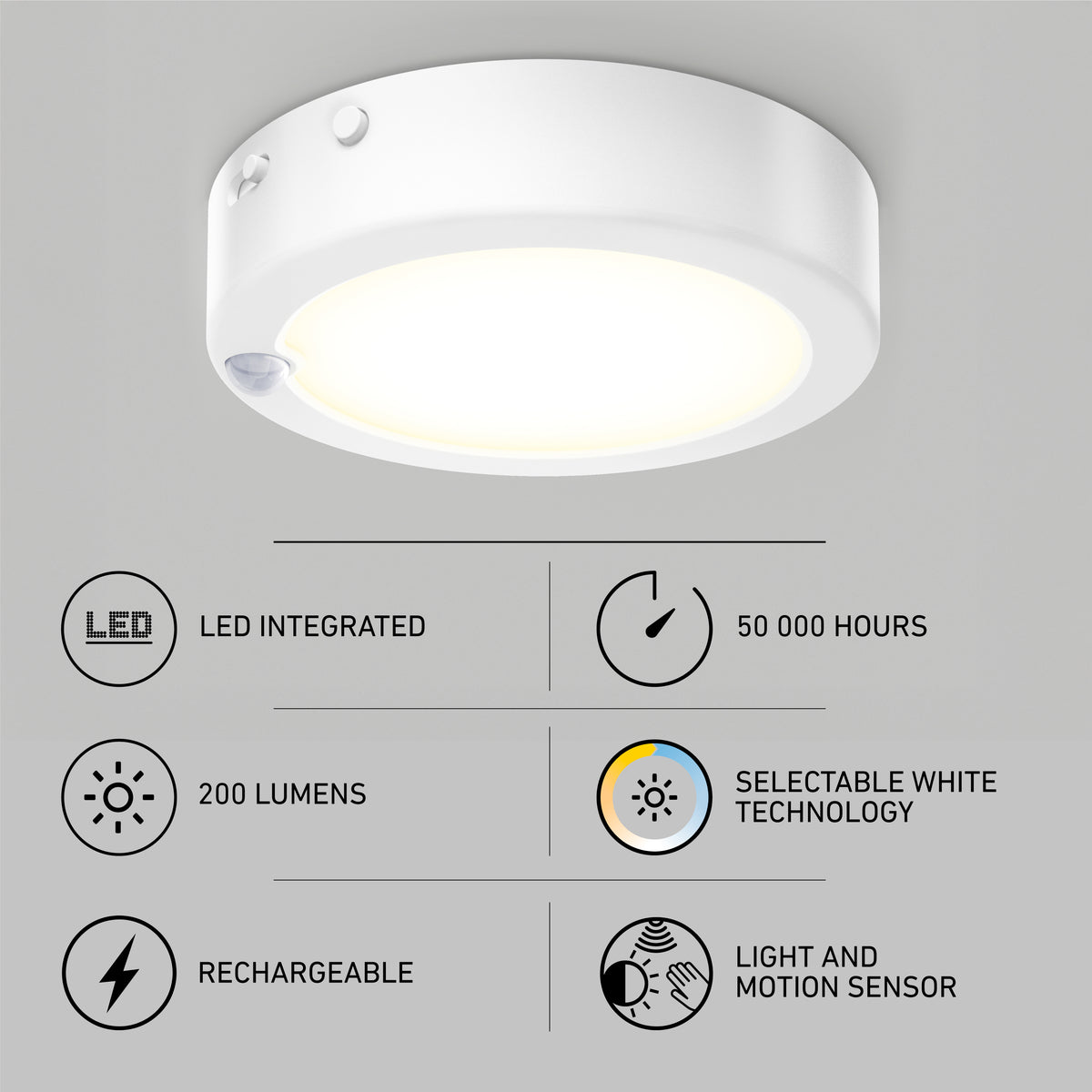 The Accent under cabinet LED light 3CCT by Artika is shown above four icons with text: LED integrated, 50,000-hour lifespan, 200 lumens output, selectable white technology, rechargeable, and features light/motion sensors.