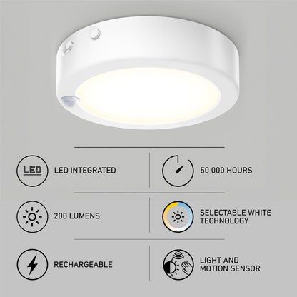 The Accent under cabinet LED light 3CCT by Artika is shown above four icons with text: LED integrated, 50,000-hour lifespan, 200 lumens output, selectable white technology, rechargeable, and features light/motion sensors.