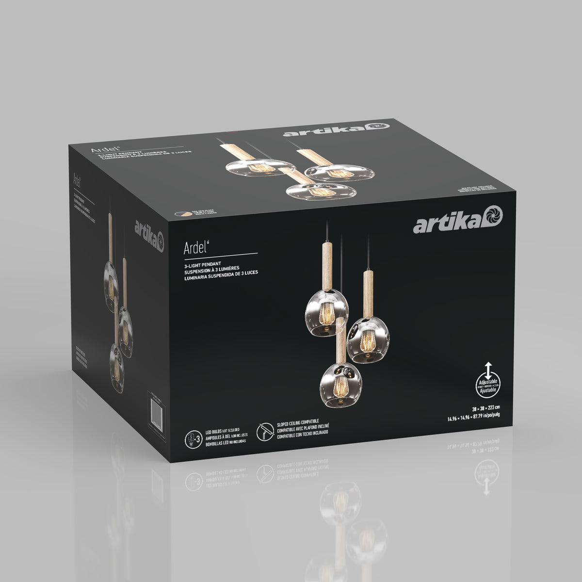 A black box with the Artika Ardel Spiral 3-Light Pendant without Bulbs is shown, featuring images of the modern glass and wood fixture on the packaging, all set against a light gray background.