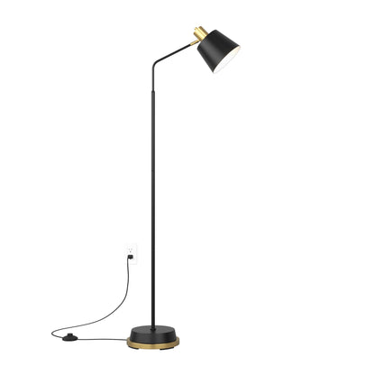 The Artika Alton LED modern floor lamp features a black finish with a gold accent, angled shade, round base, and a visible power cord plugged into a wall outlet, displayed against a white background.