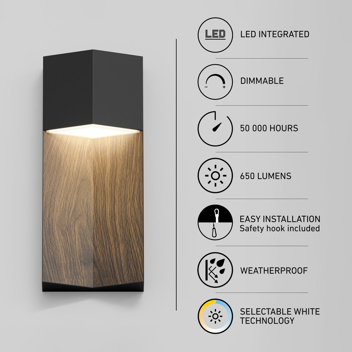 Artika Howel modern LED wall light, 5 CCT, matte black, dimmable, 650 lm, 50k hrs, easy install, weatherproof for indoor/outdoor use.