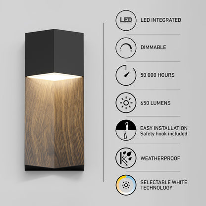 Artika Howel modern LED wall light, 5 CCT, matte black, dimmable, 650 lm, 50k hrs, easy install, weatherproof for indoor/outdoor use.