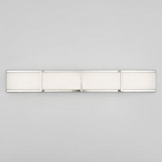 The Artika Subway 35-in (89 cm) Integrated LED Vanity Light Bar features a modern rectangular design with a sleek brushed nickel frame and frosted white panels, mounted on a plain light gray bathroom wall.