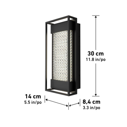 The Artika Glam indoor-outdoor LED wall light features a rectangular black frame with a textured glass center. Dimensions: 30 cm (11.8 in) tall, 14 cm (5.5 in) wide, 8.4 cm (3.3 in) deep; black arrows indicate measurements.