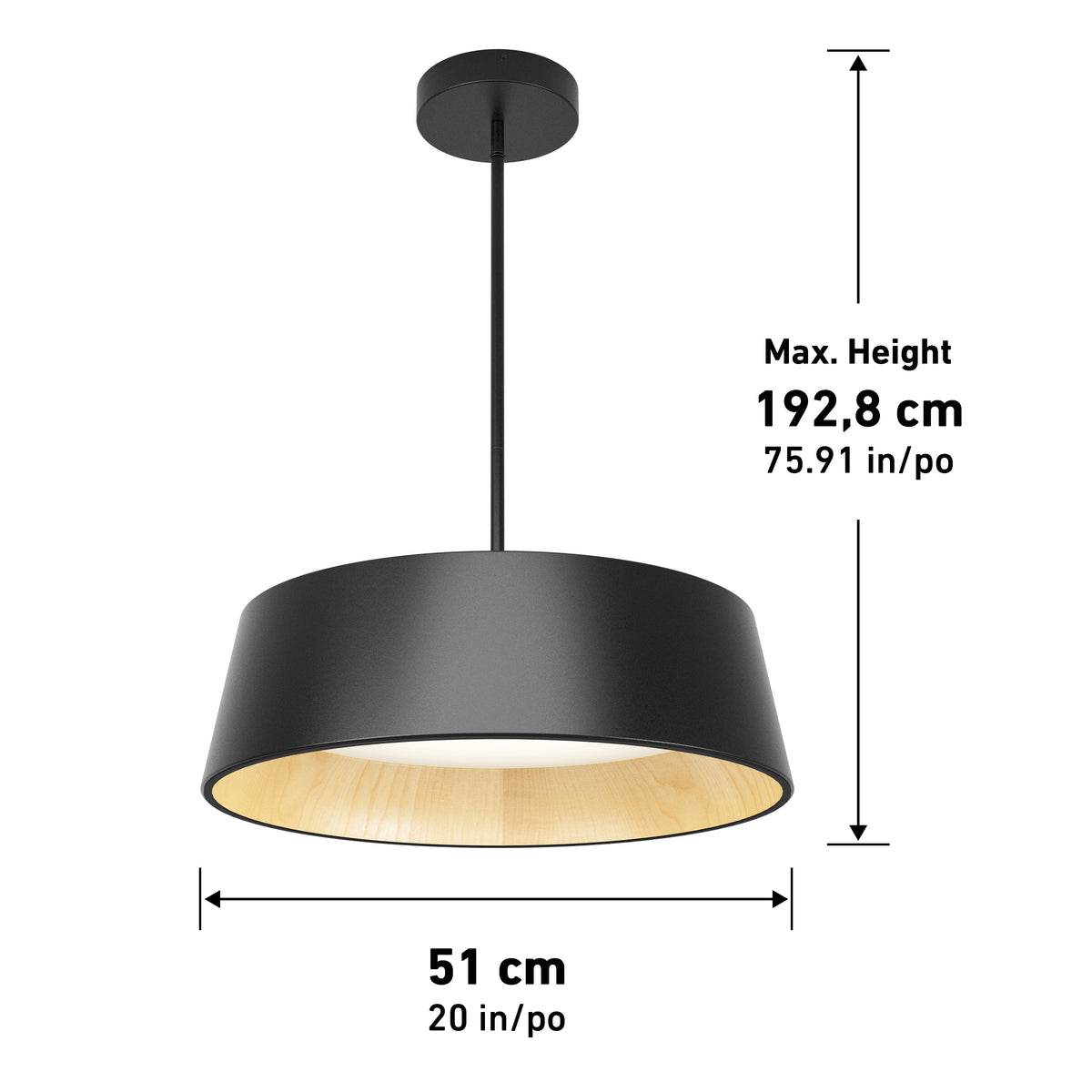 The Alton modern LED pendant light 5 CCT by Artika features a black Scandinavian design with a wooden interior, is dimmable, and has a 51 cm (20") diameter and max hanging height of 192.8 cm (75.91"), as shown in the image.