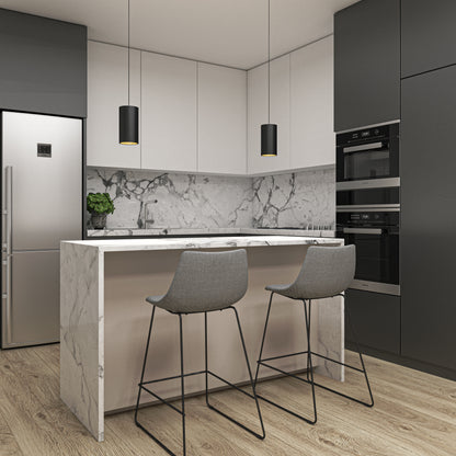 Modern kitchen with white and gray cabinets, marble backsplash and island, two gray barstools, stainless steel refrigerator, built-in oven, and Artika Alton mini LED pendant light 5 CCT. Light wood floor completes the clean look.