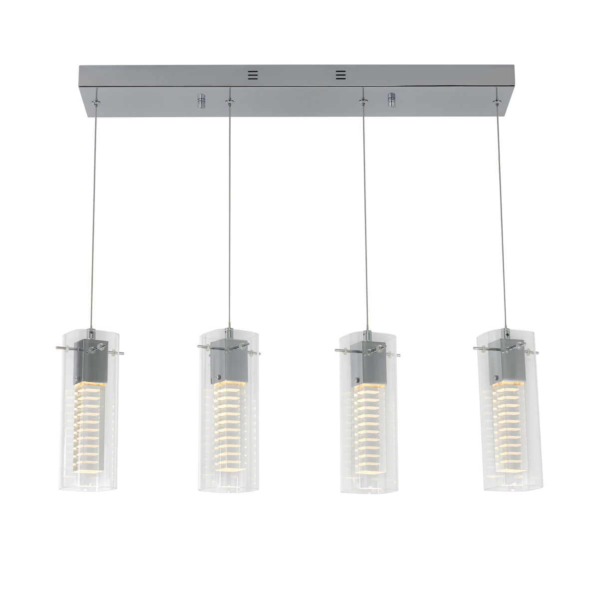 A modern rectangular ceiling light fixture with four hanging pendant lights, each featuring a cylindrical glass shade and visible LED spiral bulbs inside.