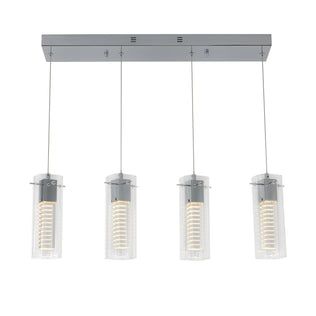 The Artika Hologram 4-light LED pendant is a modern ceiling fixture with four hanging lights, each with a rectangular glass cover and spiral LED bulbs, all suspended from a sleek rectangular metal base.