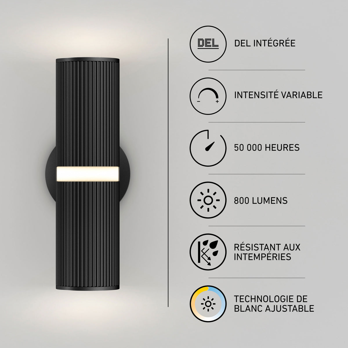 Artika Groove black LED wall light, indoor-outdoor, French text/icons, integrated LEDs with 50,000-hour lifespan.