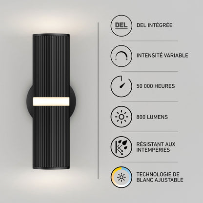 Artika Groove black LED wall light, indoor-outdoor, French text/icons, integrated LEDs with 50,000-hour lifespan.