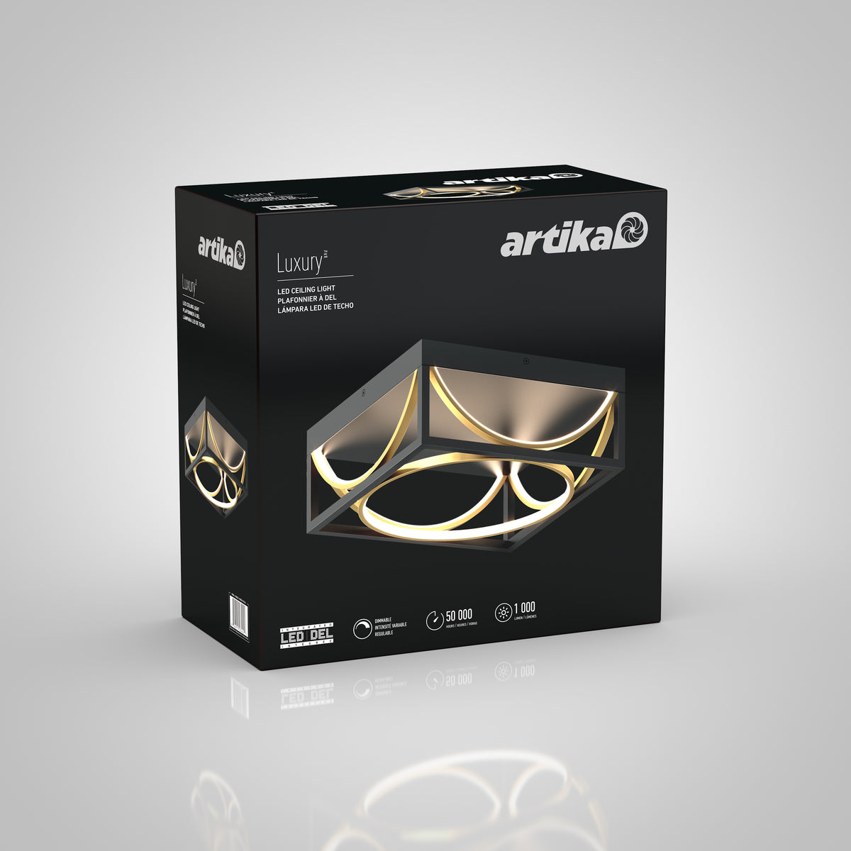 Sleek black box for Artika Luxury 13 in. Modern LED Flush Mount Ceiling Light—features geometric design, ideal for contemporary spaces.