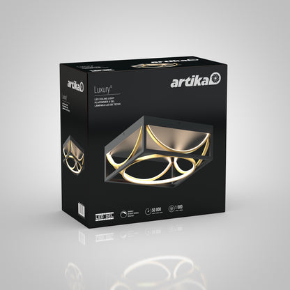 Sleek black box for Artika Luxury 13 in. Modern LED Flush Mount Ceiling Light—features geometric design, ideal for contemporary spaces.