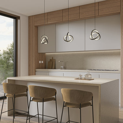Modern kitchen with a large island, three beige stools, minimalist white cabinets, wood accents, Artika Zephyr LED pendants, and a large window showing greenery outside.