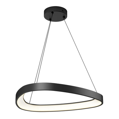 The Artika Bjorn modern LED pendant light 5 CCT features an oval, asymmetrical LED ring suspended by three thin wires from a round ceiling mount in a sleek black finish.