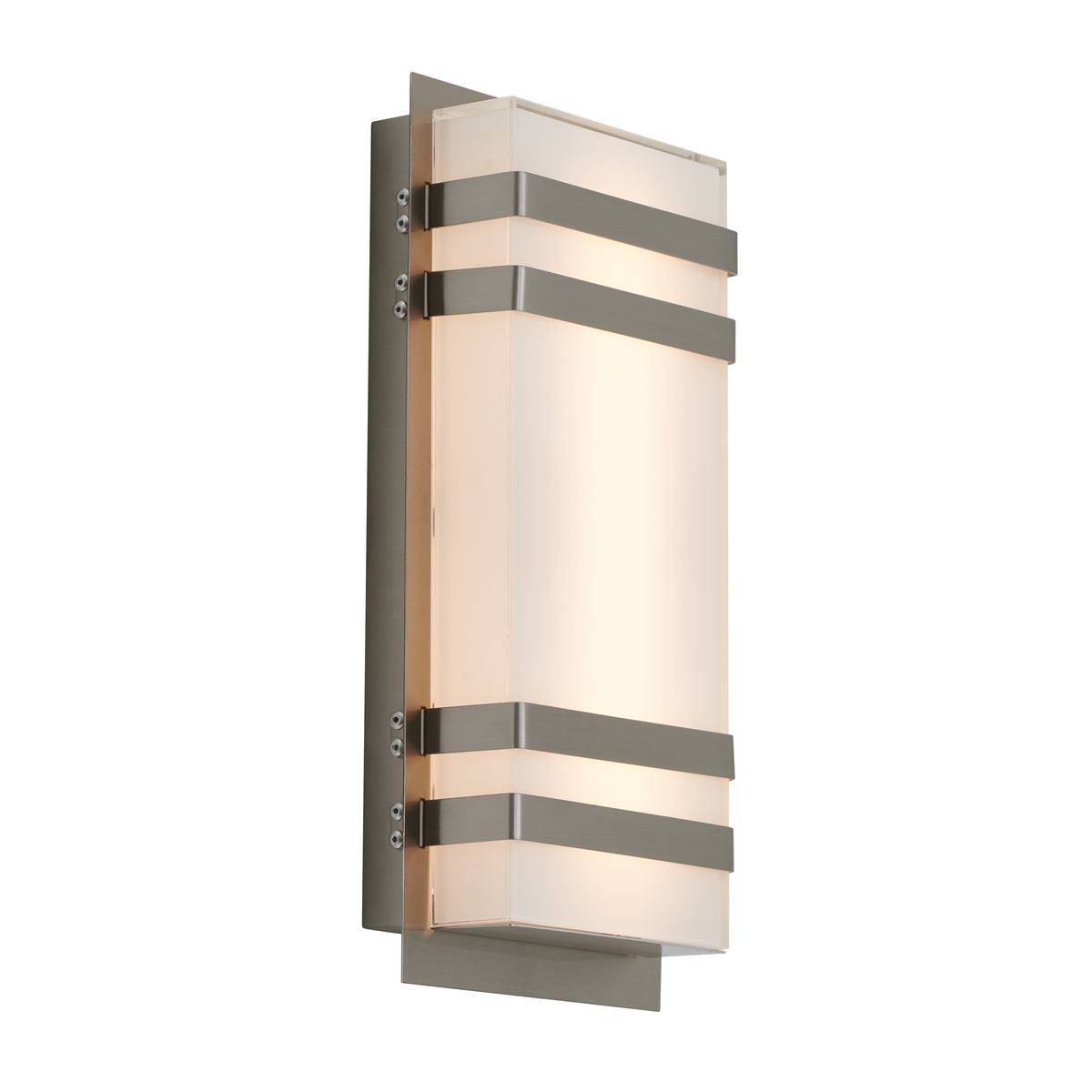 The Artika Glowbox 3 indoor-outdoor LED wall light features a rectangular frosted glass shade with three horizontal metallic bands on a brushed metal backplate, casting a soft, warm glow.