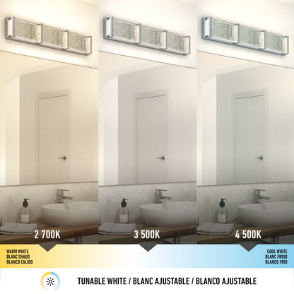 The Artika Subway Essence 3 LED bathroom vanity light displays three color temperatures—2700K, 3500K, and 4500K—above a modern sink and mirror, shown in split-screen sections.