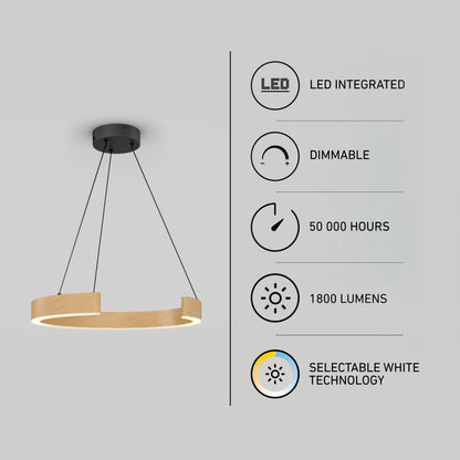 Modern circular LED pendant light with a wooden finish, suspended by three black wires. Infographic highlights: LED integrated, dimmable, 50,000 hours lifespan, 1800 lumens, selectable white technology.