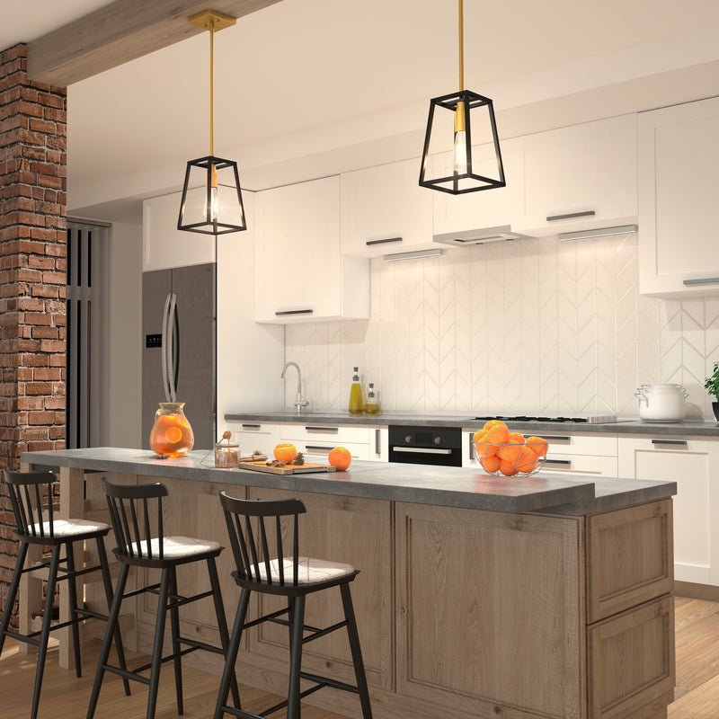 Modern kitchen with a wooden island, three barstools, and oranges under a Carter 1-light pendant by Artika.