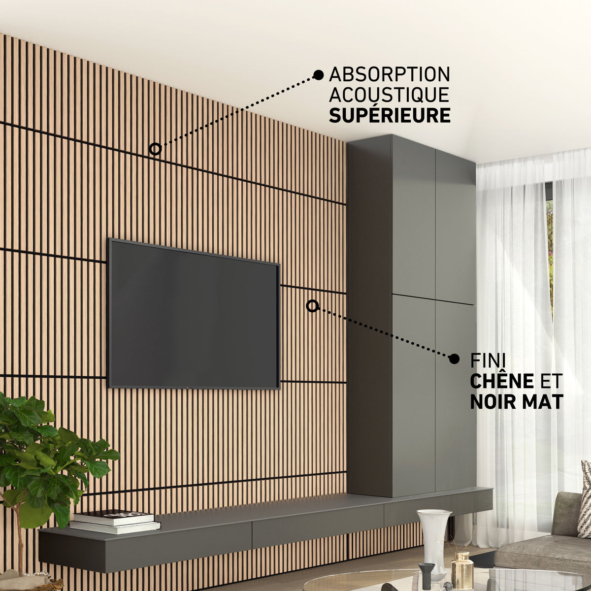 Modern living room with Artika Sonolok 15.5 ft sound-absorbing wall panels (4-pack), oak/black matte finish, and TV cabinets.