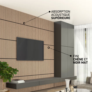 Modern living room with Artika Sonolok 15.5 ft sound-absorbing wall panels (4-pack), oak/black matte finish, and TV cabinets.