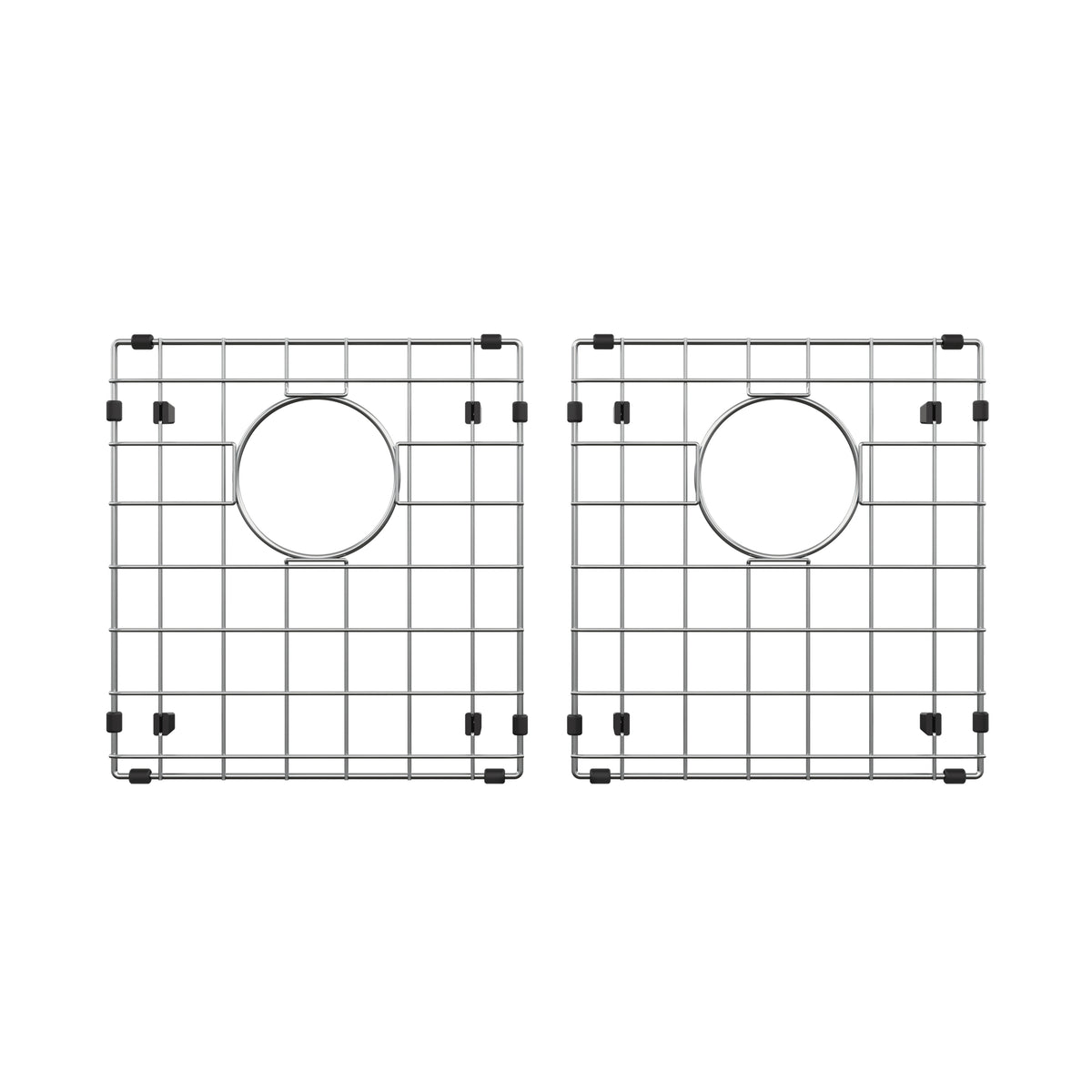 Two square metal sink grids with a central circular drain opening, black protective bumpers at the corners and sides, and a grid pattern of intersecting horizontal and vertical lines.