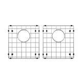 Two square metal sink grids with a central circular drain opening, black protective bumpers at the corners and sides, and a grid pattern of intersecting horizontal and vertical lines.