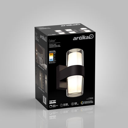 A black box displays an Artika Colton modern LED indoor-outdoor wall light 5 CCT. The box shows a product image, specifications, and icons for brightness, energy efficiency, and lifespan.