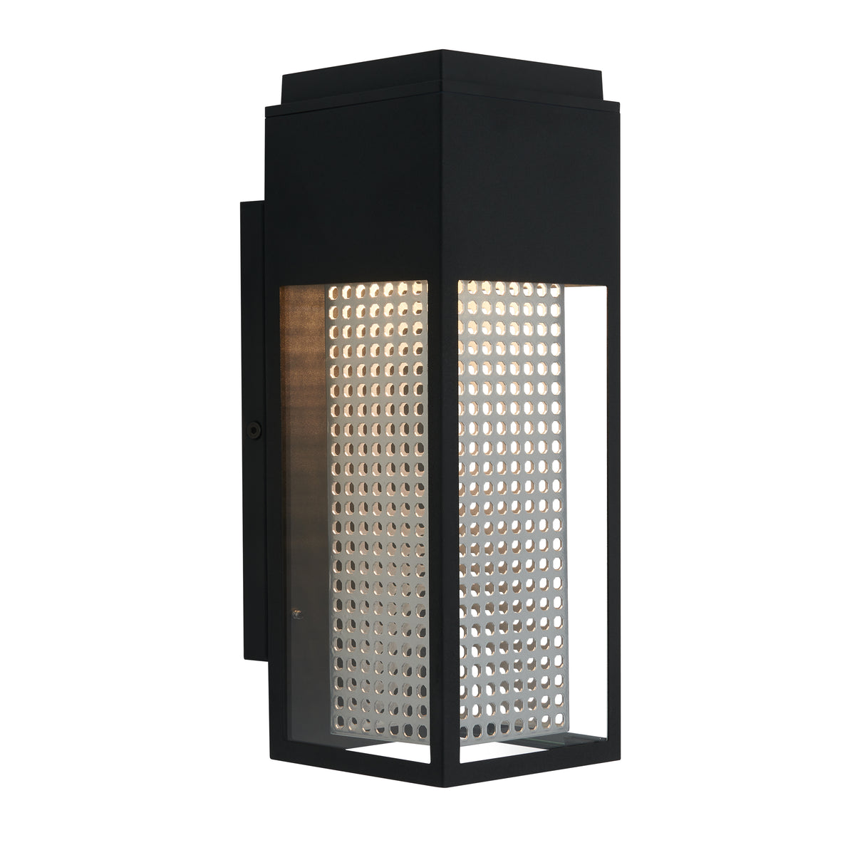 A modern black outdoor wall lantern with a rectangular frame, clear glass sides, and a perforated metal panel inside, casting light through the holes.