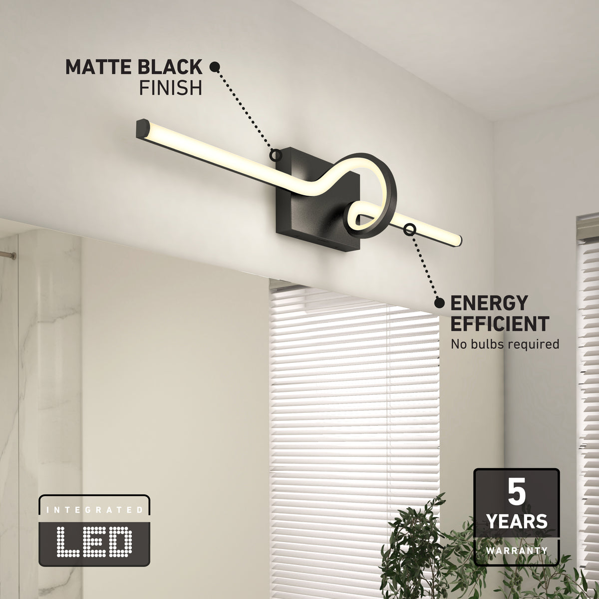 A modern matte black wall-mounted LED light fixture with a circular and linear design, labeled as energy efficient with a 5-year warranty. The background includes a window with blinds and a plant.