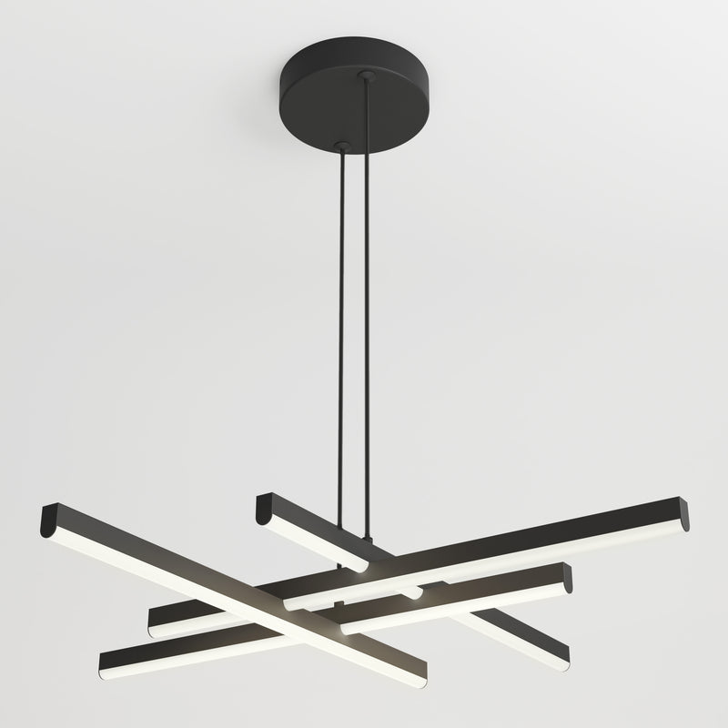 The Artika Grid LED pendant light features four intersecting horizontal LED bars in a modern black design, suspended by two cords from a circular black ceiling mount against a white ceiling background.