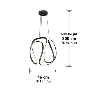 The Artika Vivaldi Big LED pendant light 5 CCT is a modern abstract black fixture suspended by two cables, measuring 46 cm (18.11) wide with a max height of 200 cm (78.74). Measurement arrows are displayed.