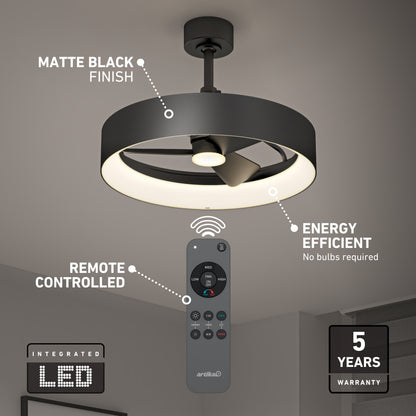 Matte black Austin 23 in. (59 cm) LED modern fandelier ceiling fan with an integrated LED light and remote control.