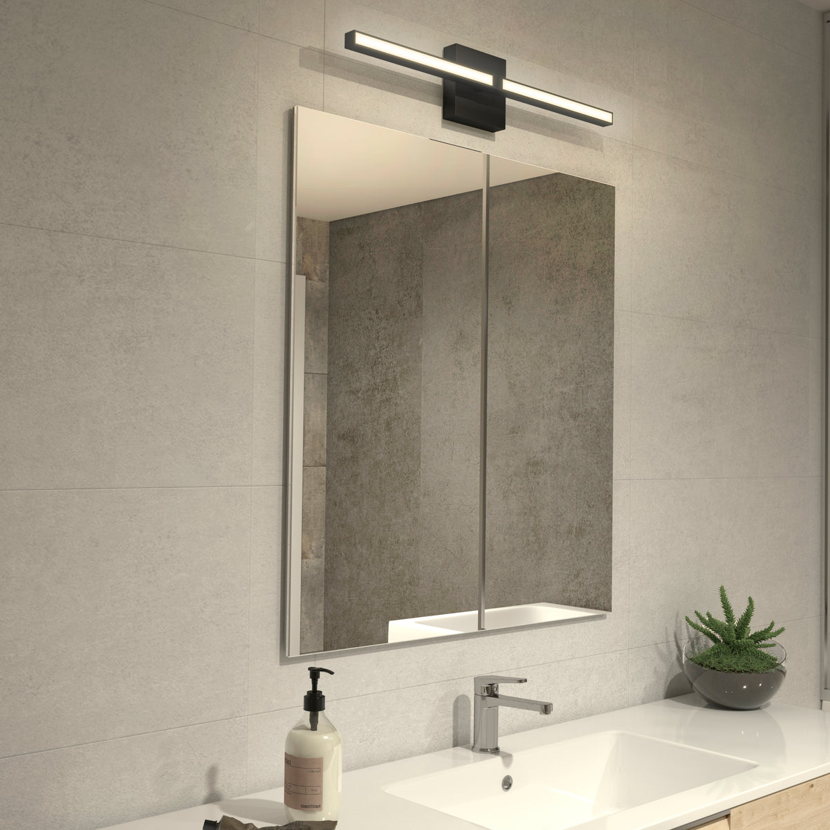 A modern bathroom with a rectangular mirror above a sink, a sleek horizontal light fixture above the mirror, a soap dispenser, and a small potted succulent on the countertop. The walls are light gray.