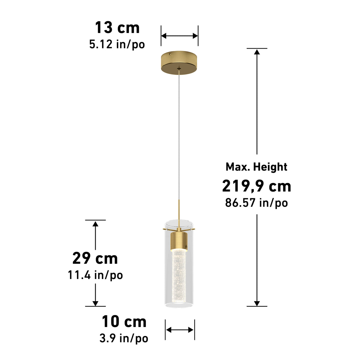 A gold pendant light with a cylindrical glass shade hangs from a round ceiling mount. Dimensions: mount diameter 13 cm, shade height 29 cm, shade diameter 10 cm, and maximum hanging height 219.9 cm.