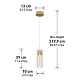 A gold pendant light with a cylindrical glass shade hangs from a round ceiling mount. Dimensions: mount diameter 13 cm, shade height 29 cm, shade diameter 10 cm, and maximum hanging height 219.9 cm.