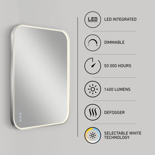 The Artika Royce Dimmable LED Mirror, with 3 CCT, 1400 lumens, defogger, dimming option, and 50,000-hour lifespan, is shown mounted horizontally on a gray wall. Icons display its features and flexible mounting options.